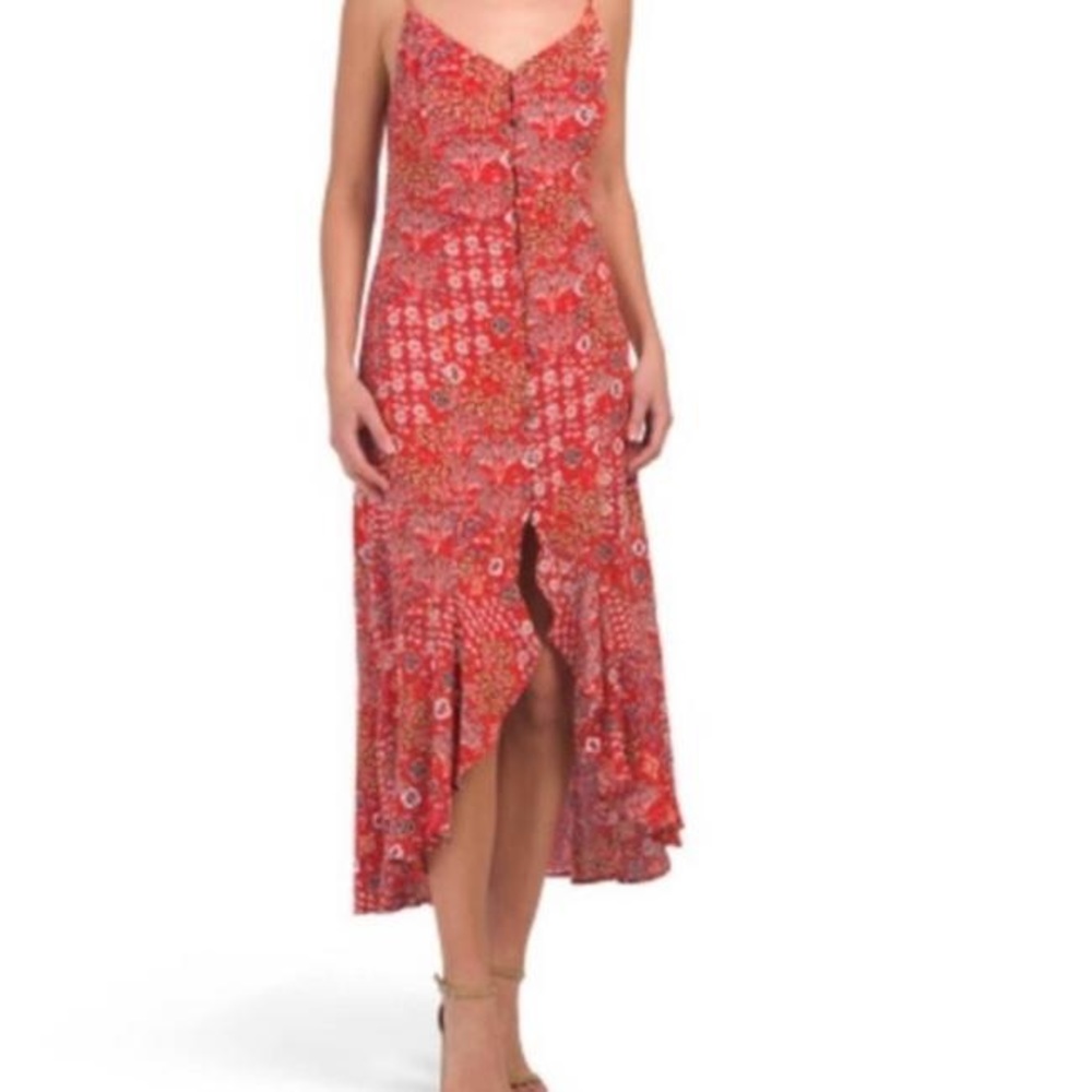 Abel the Label Red Floral Lola Button Front High Low Dress Womens Size S